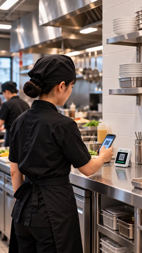 餐飲業員工在廚房以手機掃描檯面上的 QR Code 打卡機