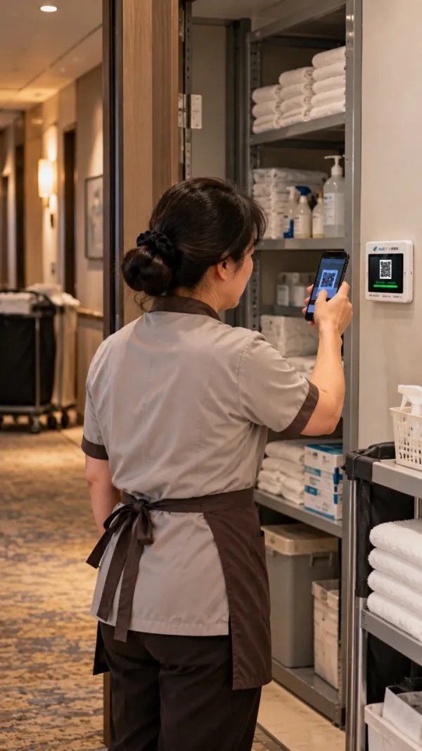 清潔人員在飯店備品間以手機掃描 QR Code 打卡機