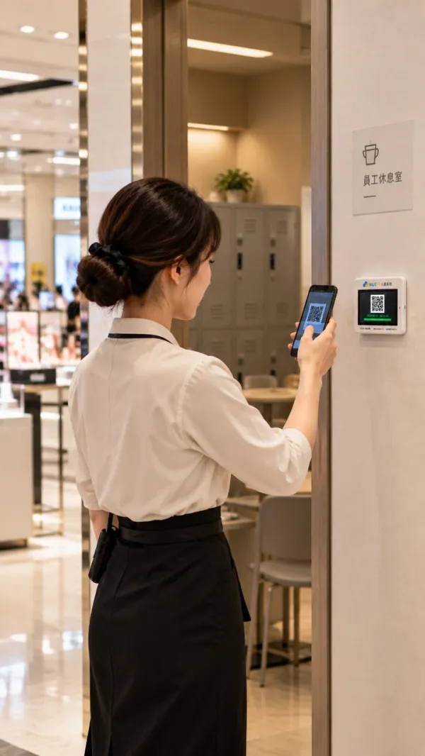 百貨櫃點員工在員工休息室門口掃描 QR Code 打卡機