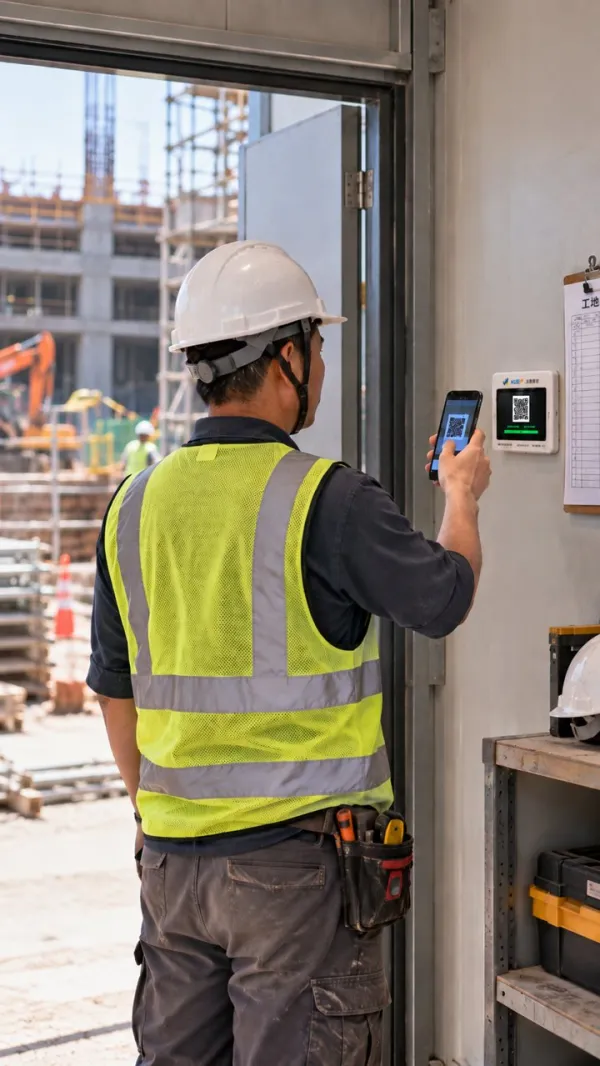工程人員在工地辦公室門口以手機掃描 QR Code 打卡機