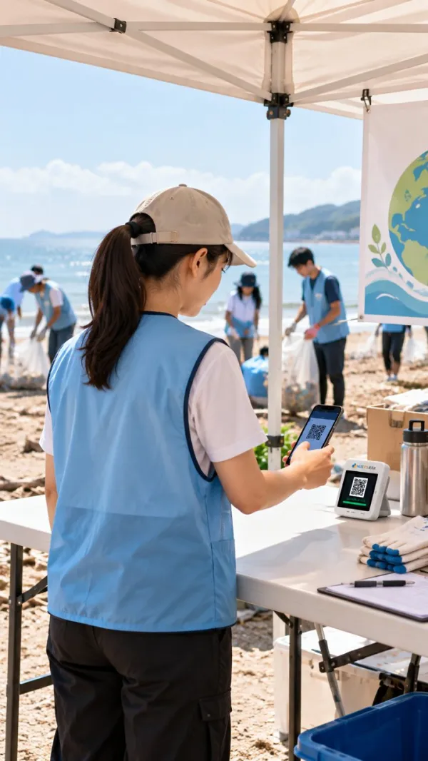 活動工作人員在海灘淨灘活動的報到帳篷以手機掃描 QR Code 打卡機