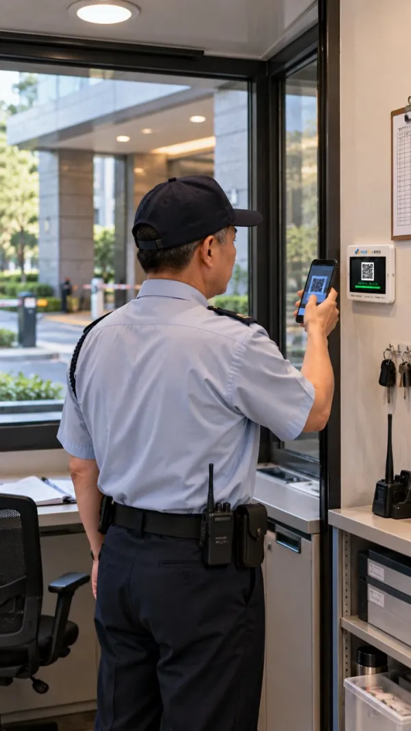 保全人員在警衛室以手機掃描牆上的 QR Code 打卡機